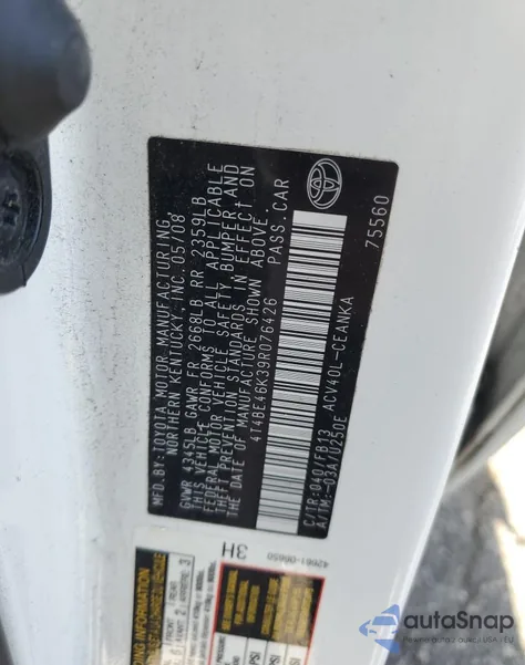 2009 Toyota Camry Base из США, поврежденный, VIN 4T4BE46K39R076426